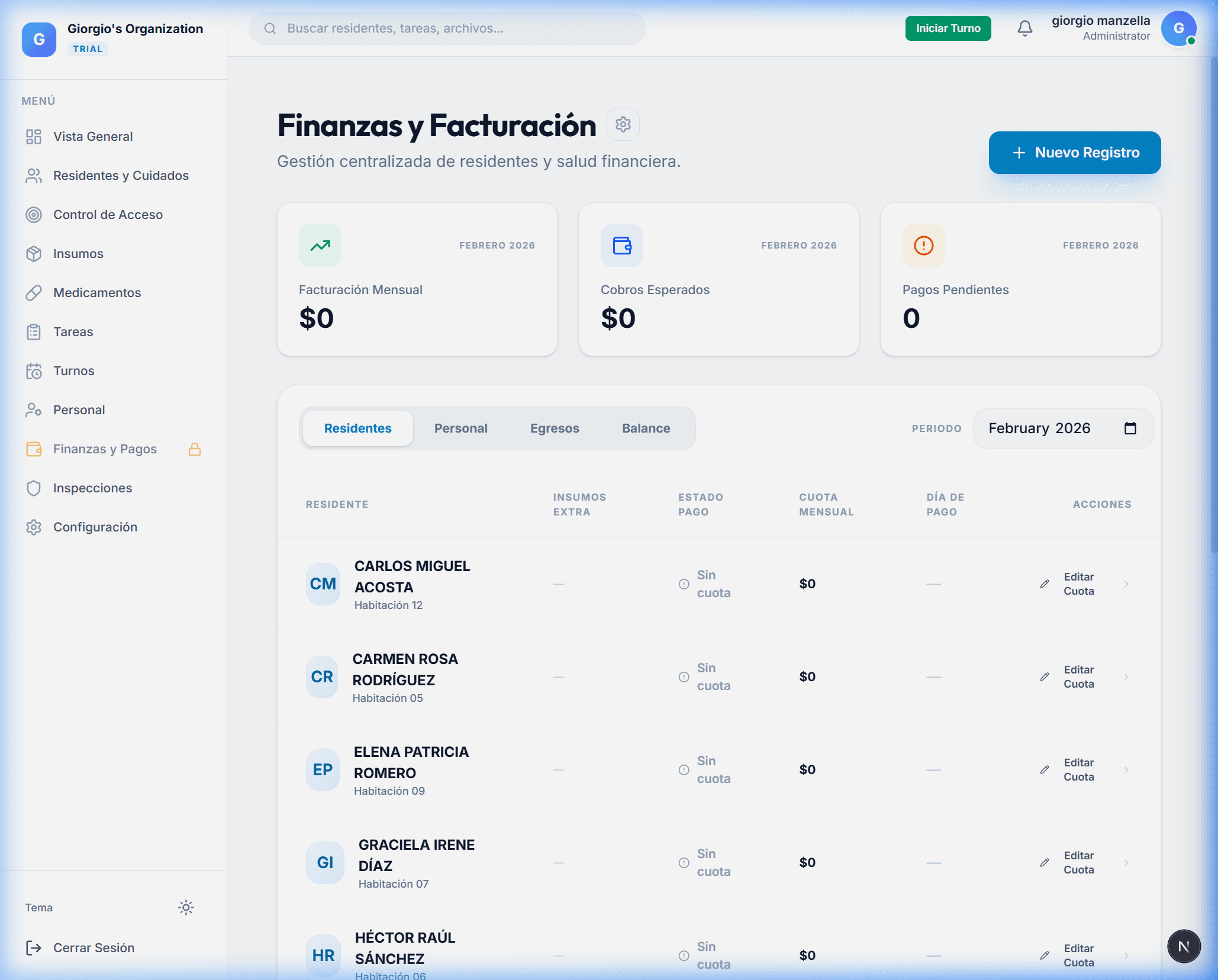 Finanzas y Facturación — Vista real del sistema Serenity
