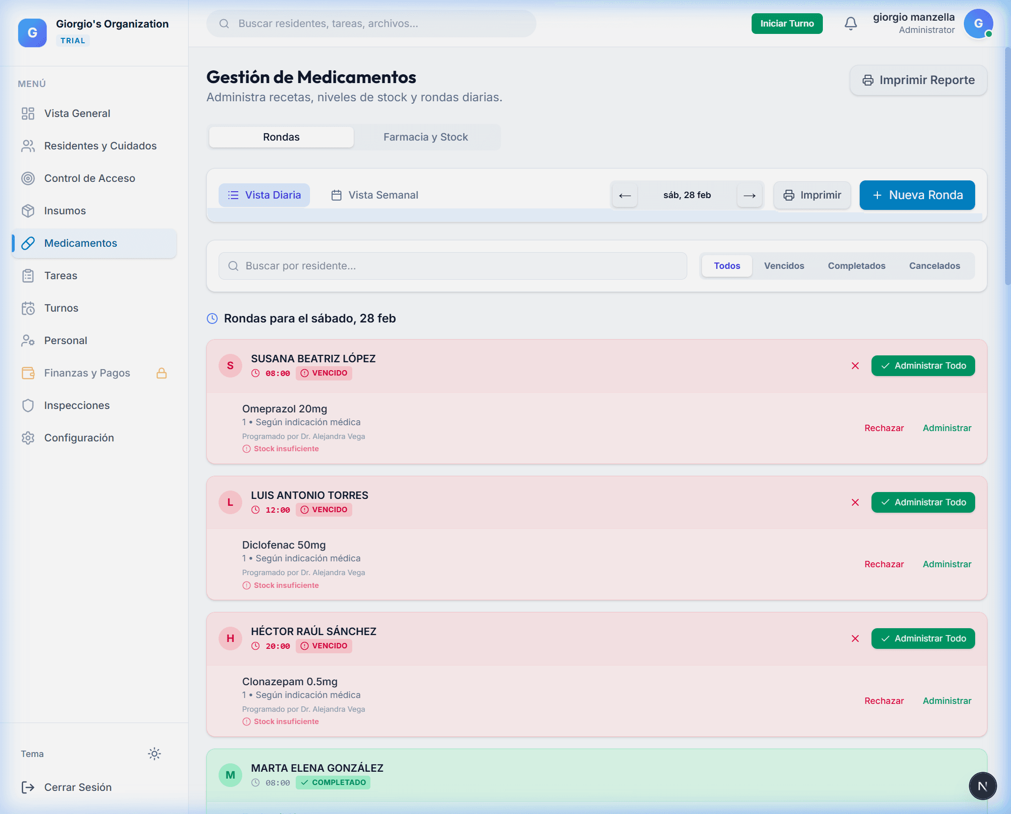 Gestión de Medicamentos — Vista real del sistema Serenity