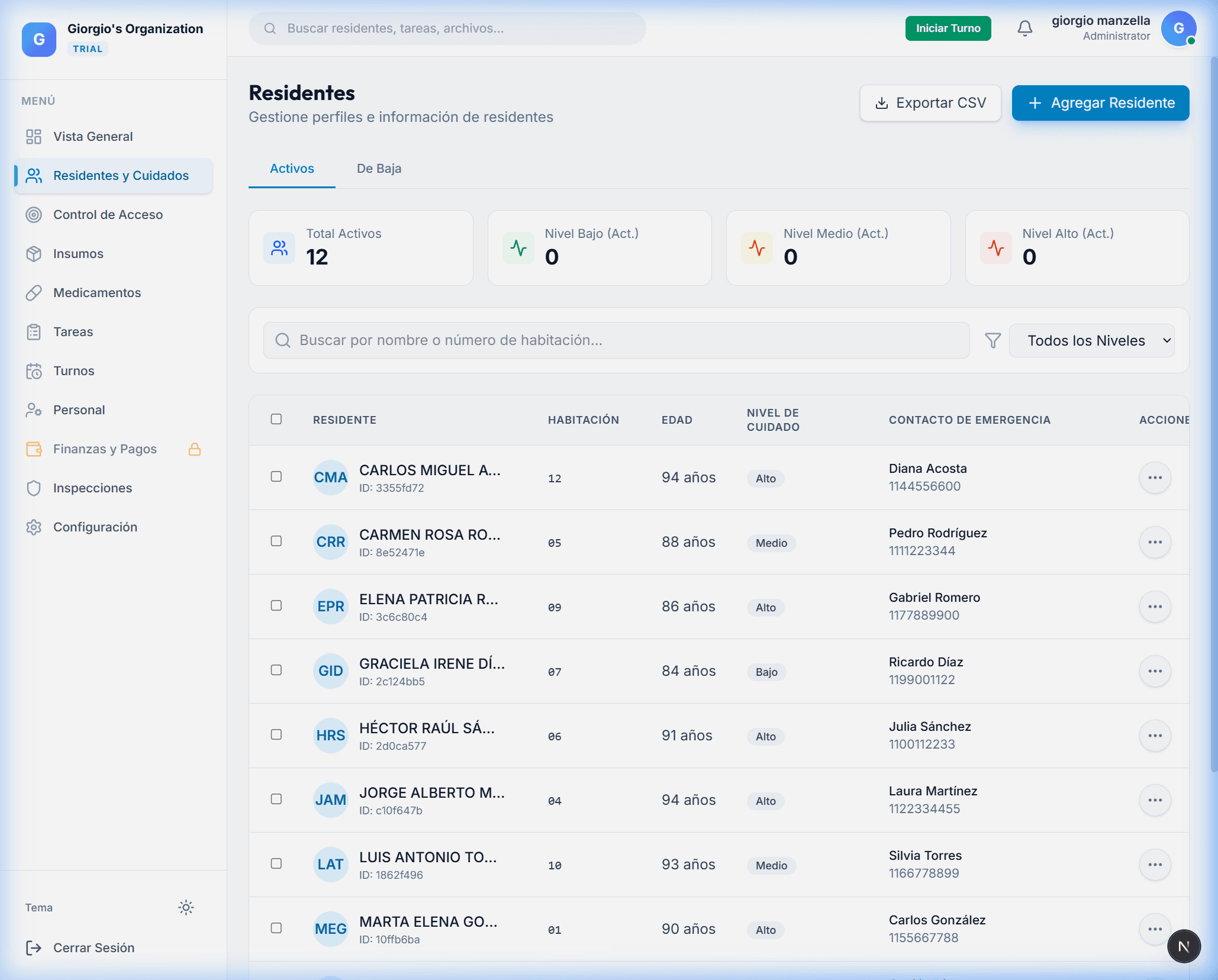 Gestión de Residentes — Vista real del sistema Serenity