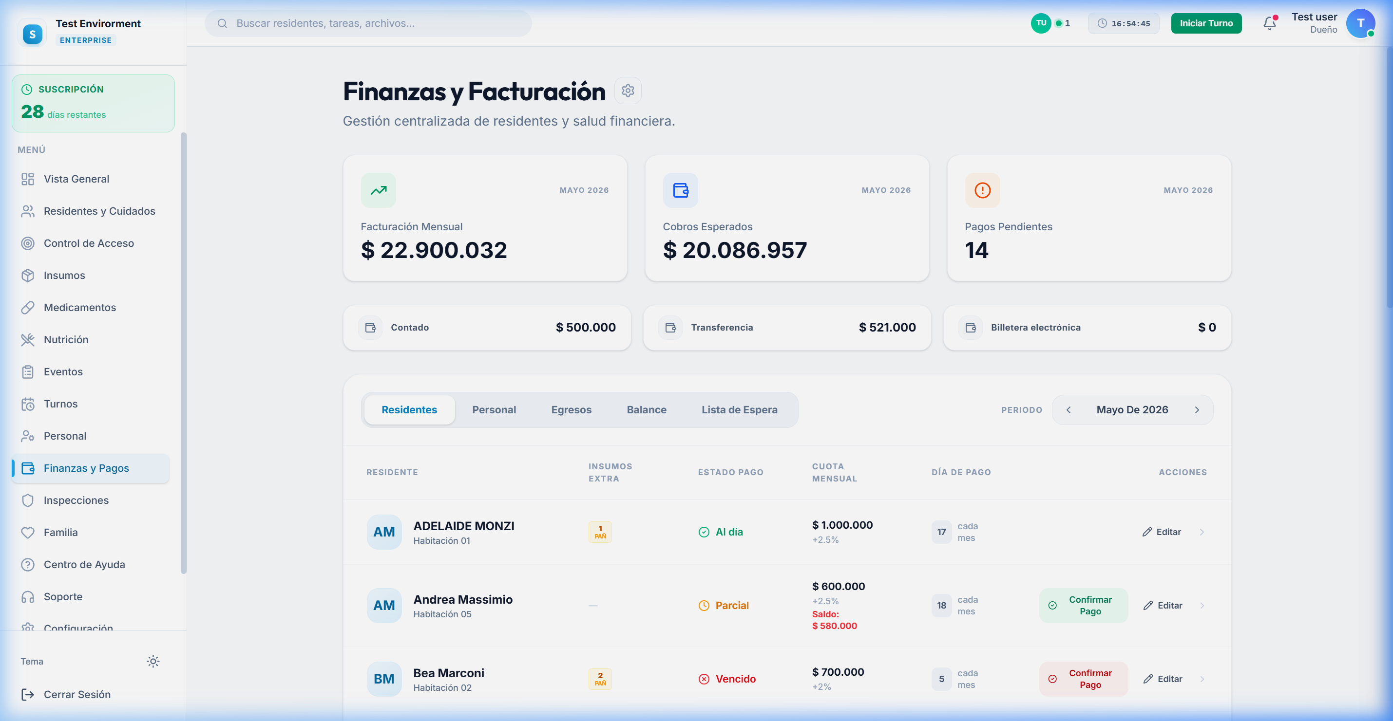 Finanzas y Facturación — Vista real del sistema Serenity